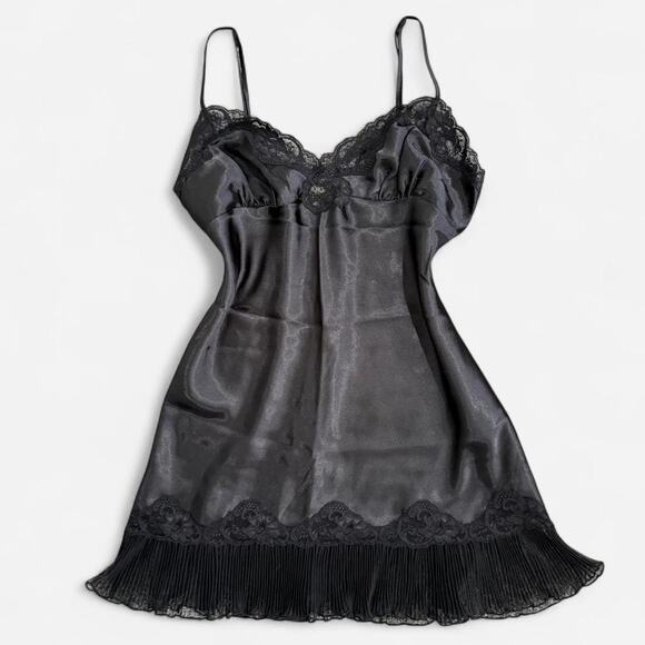 VTG Y2K Frederick's of Hollywood Black Satin Floral Lace Trimmed Mini Slip Dress - Picture 1 of 8